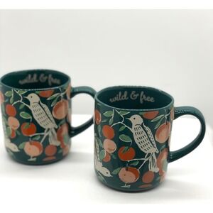 Opalhouse Wild & Free Bird Fruit Stoneware Coffee Mugs Teal Green Set of 2